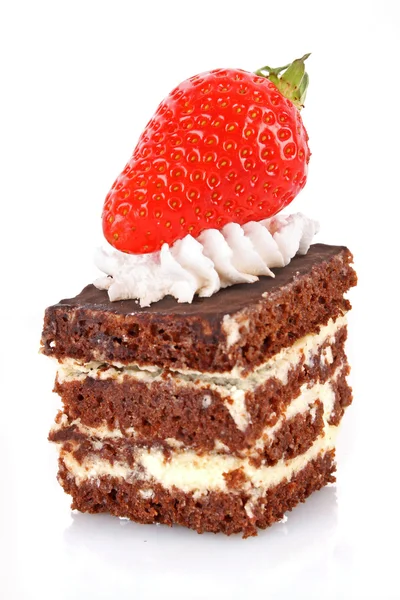 Chocolate cake with cream and strawberry on white — Stock Photo, Image