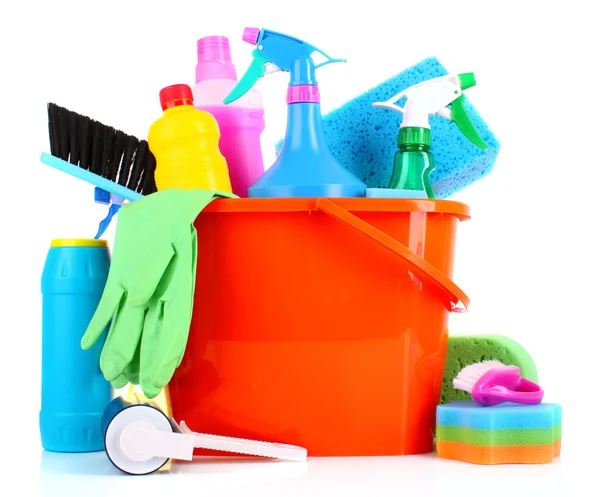 Bucket with cleaning supplies isolated on white background — Stock Photo, Image