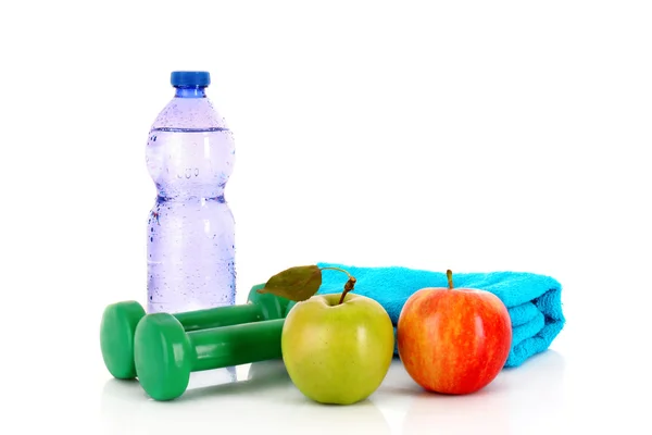 Blue bottle of water, sports towel and exercise equipment isola — Stock Photo, Image
