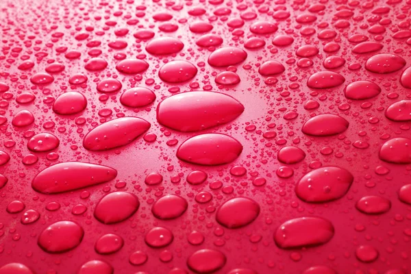 Sfondo rosso gocce d'acqua con gocce grandi e piccole — Foto Stock