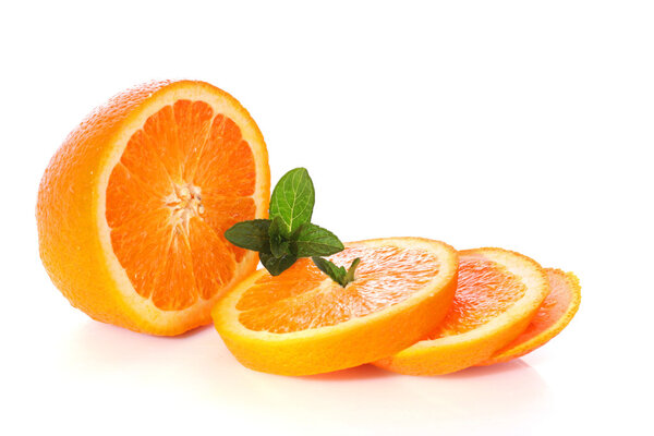 Sliced orange and mint isolated on white background