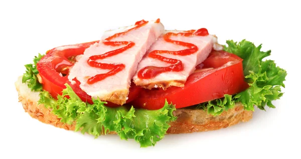 Tasty sandwich with vegetables and ham isolated on white — Stock Photo, Image