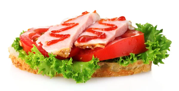 Tasty sandwich with vegetables and ham isolated on white — Stock Photo, Image