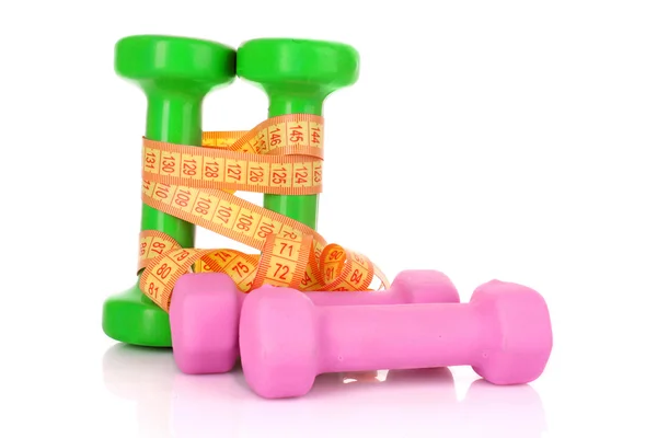 Dumbbells and tape measure on the white background — Stock Photo, Image