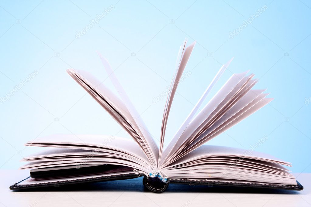 White opened book with blank pages on blue background