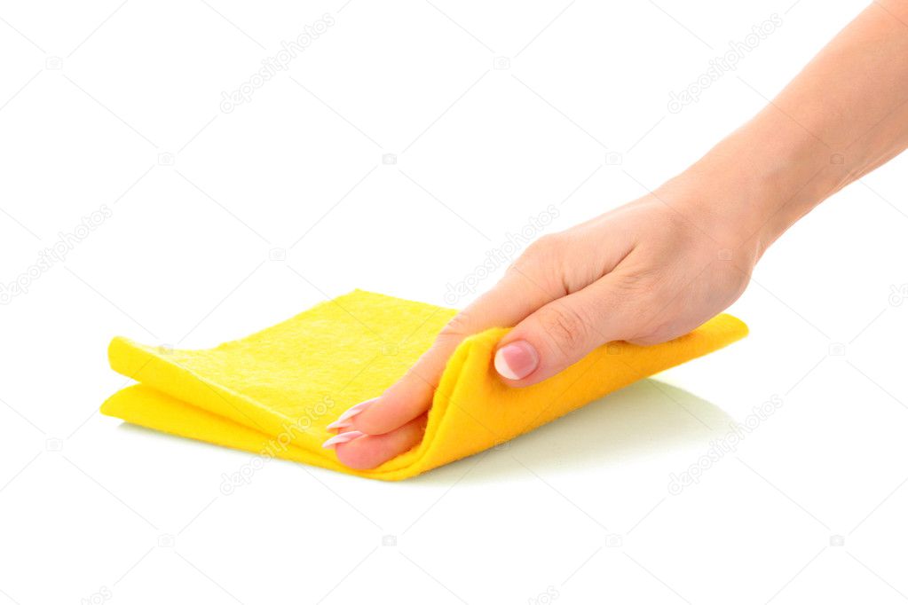 Hand with clean rag on white background