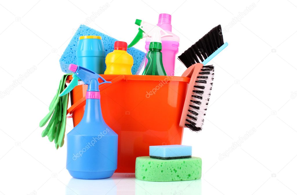 Stock photography ▻ Bucket with cleaning supplies isolated on white backgro...