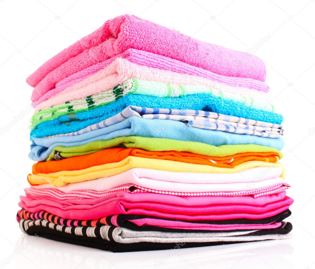 Pile of colorful clothes over white background — Stock Photo ...