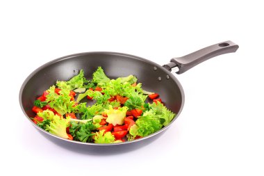 Frying pan with vegetables on white clipart