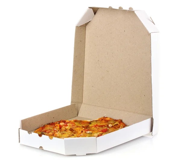 पैकेज में स्वादिष्ट पिज्जा सफेद पर अलग है — स्टॉक फ़ोटो, इमेज