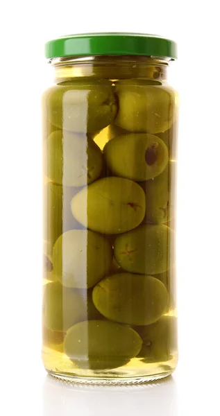 Inlagda oliver i glasburk på vit — Stockfoto