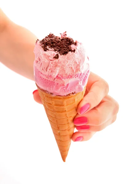 Strawberry ice cream with chocolate in a sugar cone on white — Stock Photo, Image