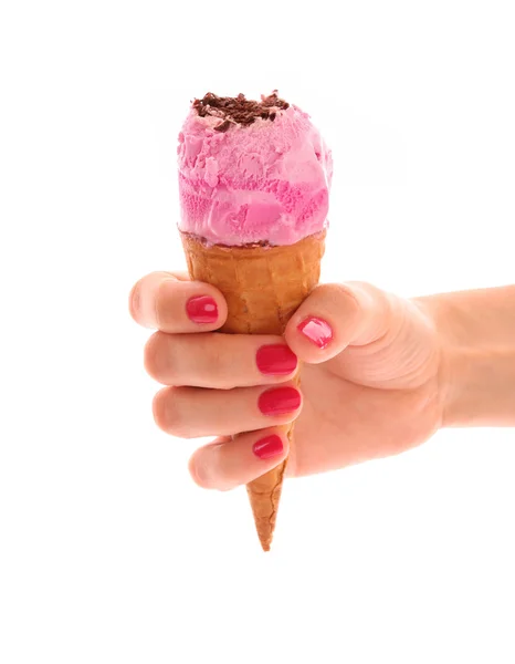 Strawberry ice cream with chocolate in a sugar cone on white bac — Stock Photo, Image