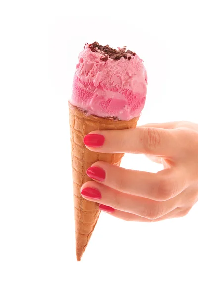 Strawberry ice cream with chocolate in a sugar cone on white bac — Stock Photo, Image