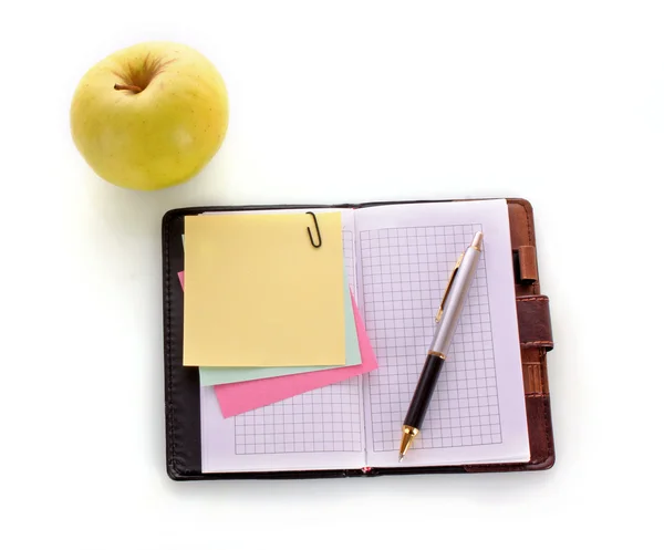 Cuaderno abierto con bolígrafo sobre blanco — Foto de Stock