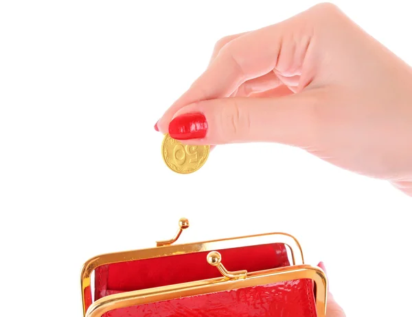 Rotes Portemonnaie und Münze in Frauenhand vor weißem Hintergrund — Stockfoto