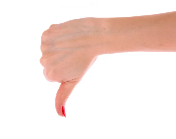 Χέρι μιας γυναίκας με αποδοκιμασία χειρονομία που απομονώνονται σε λευκό — Φωτογραφία Αρχείου