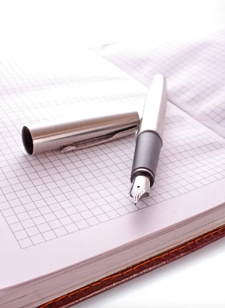 Ручка на ноутбуке, изолированные на белом фоне — стоковое фото