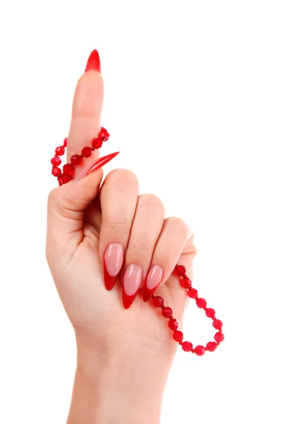 Nails with red nail polish and a bow on the finger — Stock Photo, Image