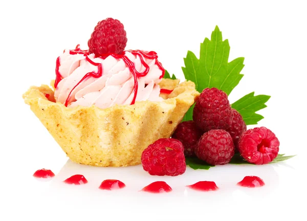 Tasty cake with cream and raspberries isolated on white — Stock Photo, Image