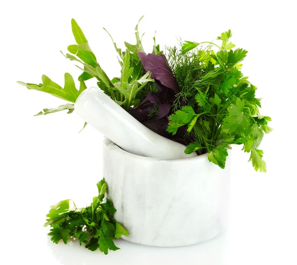 Parsley and mortar isolated on white — Stock Photo, Image