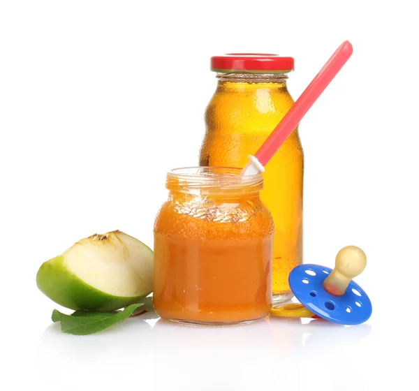 Baby food, juice and fruits isolated on white — Stock Photo, Image