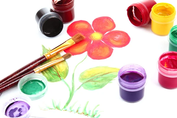 Opened paint buckets colors and drawing flowers — Stock Photo, Image