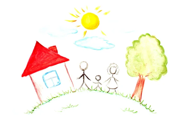 Desenho de pintura de família feliz - feito por criança — Fotografia de Stock