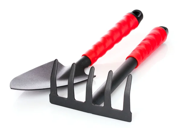 Gardening trowel and rake on a white background — Stock Photo, Image