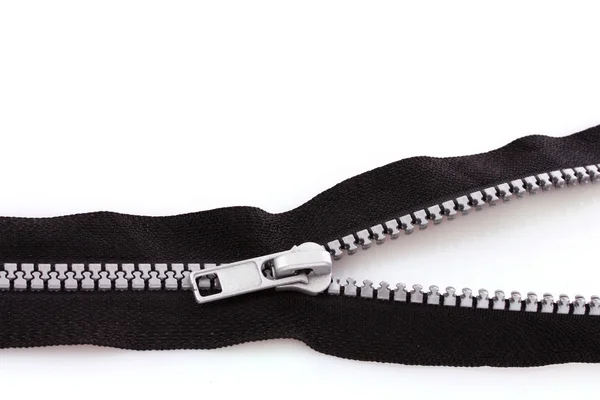 Black zipper closeup isolated on white — Stock Photo, Image