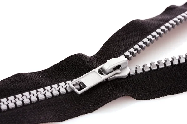 Black zipper closeup isolated on white — Stock Photo, Image