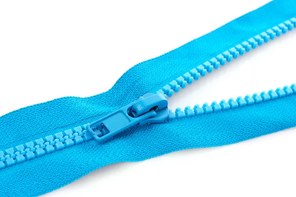 Blue zipper closeup isolated on white — Stock Photo, Image