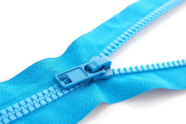 stock image Blue zipper closeup isolated on white