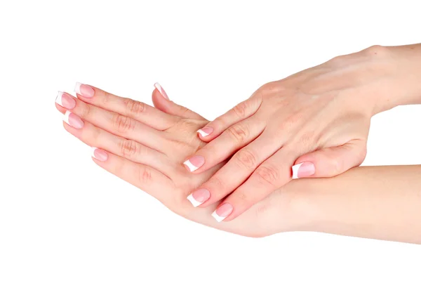 Bella donna mani con manicure francese isolato su bianco bac — Foto Stock