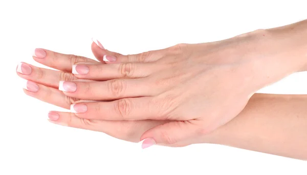 Όμορφη γυναίκα χέρια με γαλλικό μανικιούρ που απομονώνονται σε λευκό bac — Φωτογραφία Αρχείου
