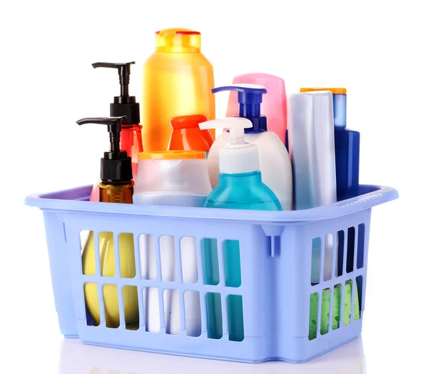 瓶美容和浴产品在蓝色框中的 — 图库照片