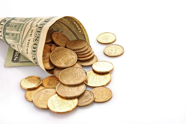 Corno da denominazioni in dollari con monete — Foto Stock
