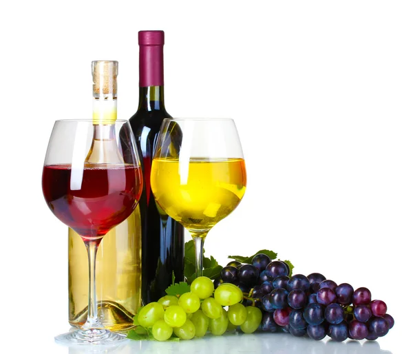 Ripe grapes, wine glass and bottle of wine — Stock Photo, Image