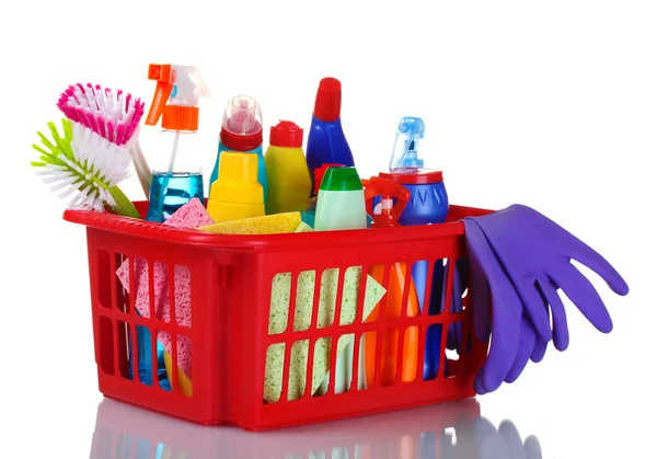 Caixa cheia de suprimentos de limpeza e luvas — Fotografia de Stock