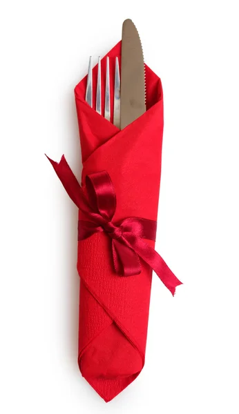 叉子和勺子在红布 — 图库照片