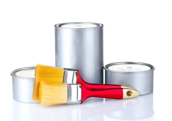Open tin cans with paint and brushes — Stock Photo, Image