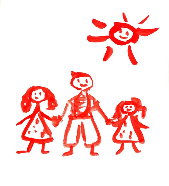Tintas de desenho de crianças nas quais se desenha uma família — Fotografia de Stock