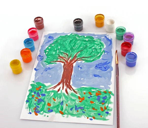 Seaux de peinture ouverts couleurs et arbre de dessin — Photo