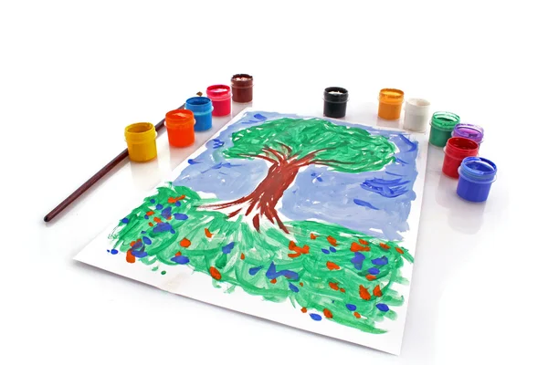 Kolory wiader farby i rysunek drzewa — Zdjęcie stockowe
