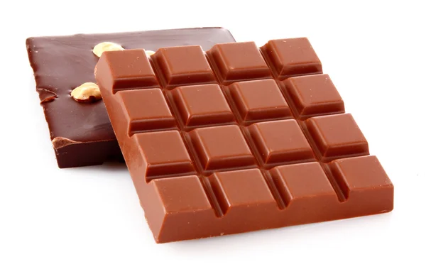Milch und schwarze Schokoladenriegel — Stockfoto