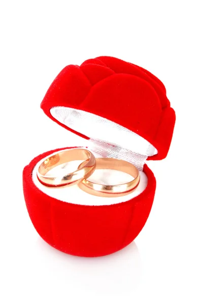 Wedding ring in red box on white background — Stock Photo, Image