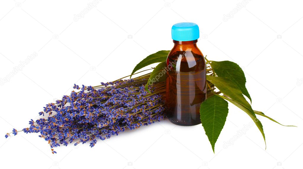 Lavender and oil in bottle isolated on white