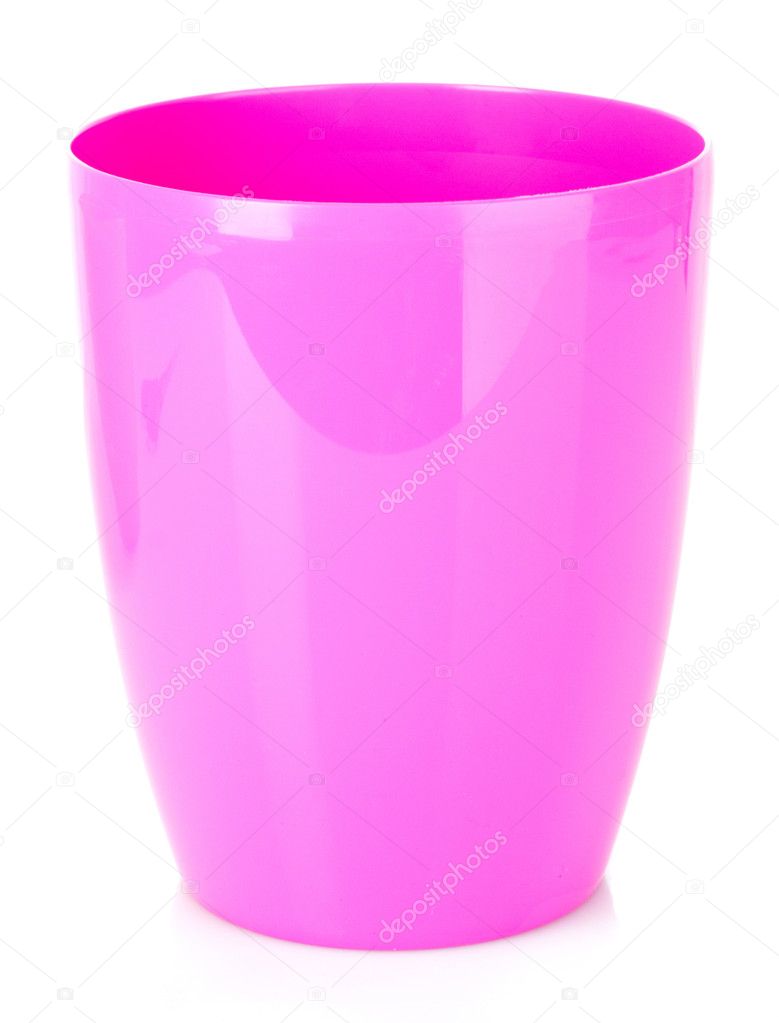 Pink empty plastic flower pot isolated on white background