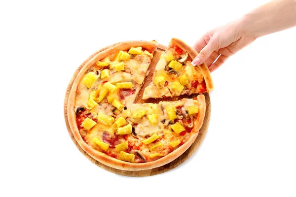 Tasty pizza and hand on white — Stock Photo, Image