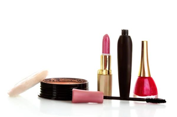 Face powder, mascara, lipstick and nail polish on white backgrou — Stock Photo, Image